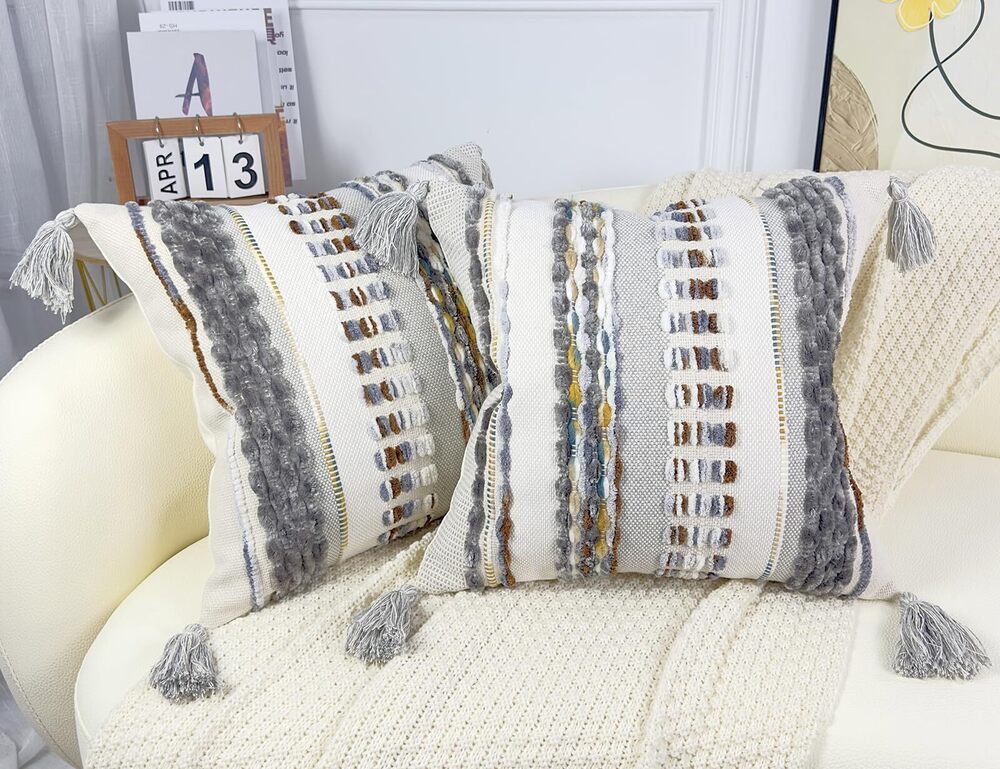 7457 Boho Throw Pillow Covers 16x16 Aesthetic Neutral Boucle Couch Pillow